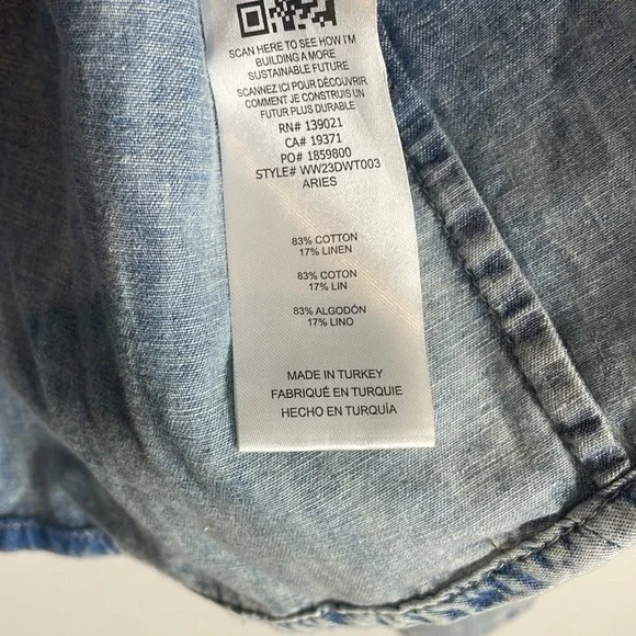 Frame | Women’s Shirred V Neck Denim Blouse Size XS Oversized - Picture 6 of 7